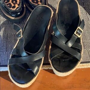 Delman black leather sandal wedge espadrilles